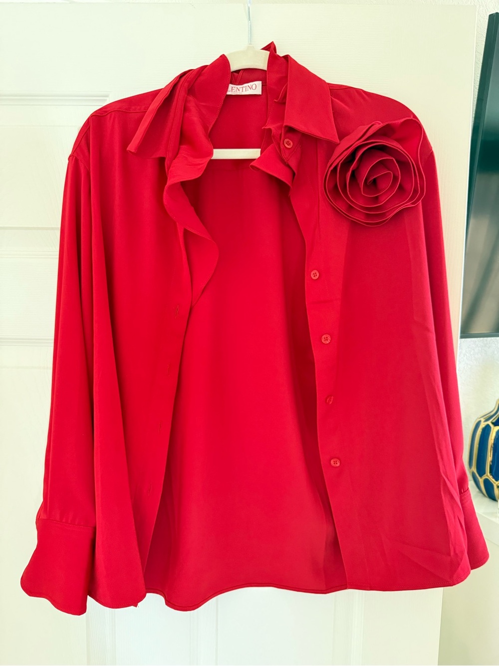 Valentino Red Ruffled Button-Down Shirt with Rosette